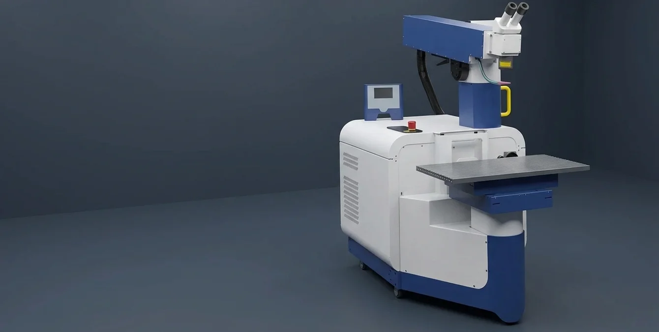 Stationary Nd:YAG laser welding system in a clean industrial environment highlighting precision and advanced welding technology Stationary Nd:YAG laser welding system in a clean industrial environment highlighting precision and advanced welding technology