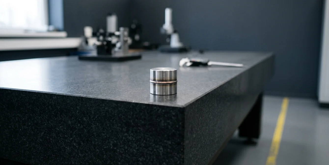 Nahaufnahme eines Metallmusterns mit präziser Laserschweißnaht auf Granittisch in sauberem Industrieprüfraum Nahaufnahme eines Metallmusterns mit präziser Laserschweißnaht auf Granittisch in sauberem Industrieprüfraum