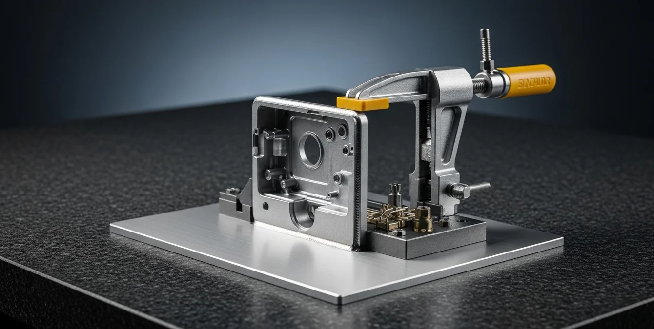 Feinmechanisch eingespanntes filigranes Bauteil auf Granittisch mit makelloser Mikroschweißnaht Feinmechanisch eingespanntes filigranes Bauteil auf Granittisch mit makelloser Mikroschweißnaht