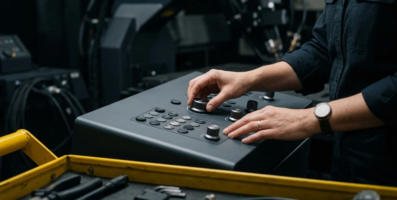Bedienerhände justieren das Programm an einem Steuerpult in einer dunklen Industrieumgebung mit gelbem Werkzeugsatzrand. Bedienerhände justieren das Programm an einem Steuerpult in einer dunklen Industrieumgebung mit gelbem Werkzeugsatzrand.