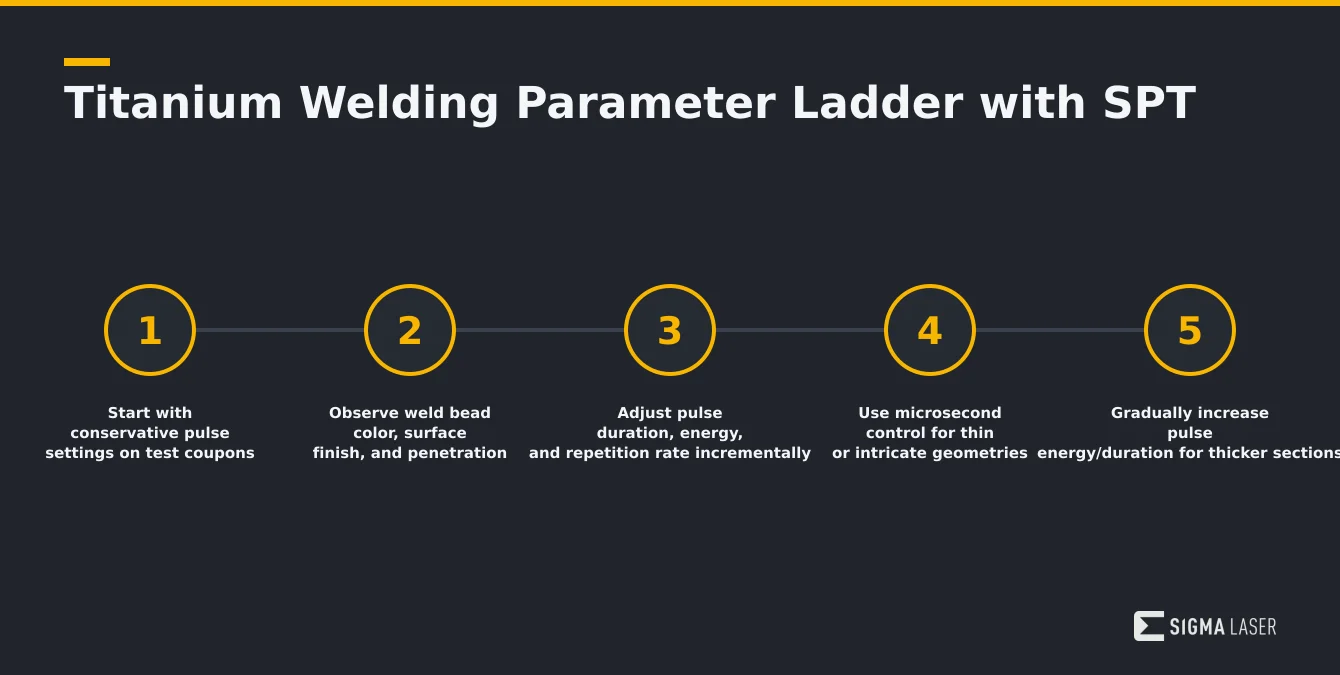 Infographic showing step-by-step titanium welding parameter ladder using Super Pulse Technology Infographic showing step-by-step titanium welding parameter ladder using Super Pulse Technology