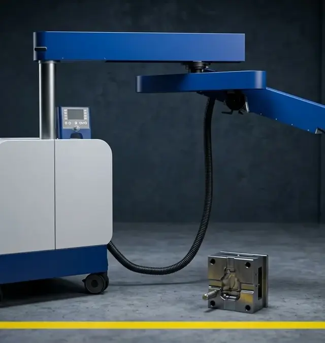 Sistema móvel pesado de soldadura laser Nd:YAG Sirius Light num atelier limpo com linha amarela no chão e componente de molde de aço próximo Sistema móvel pesado de soldadura laser Nd:YAG Sirius Light num atelier limpo com linha amarela no chão e componente de molde de aço próximo