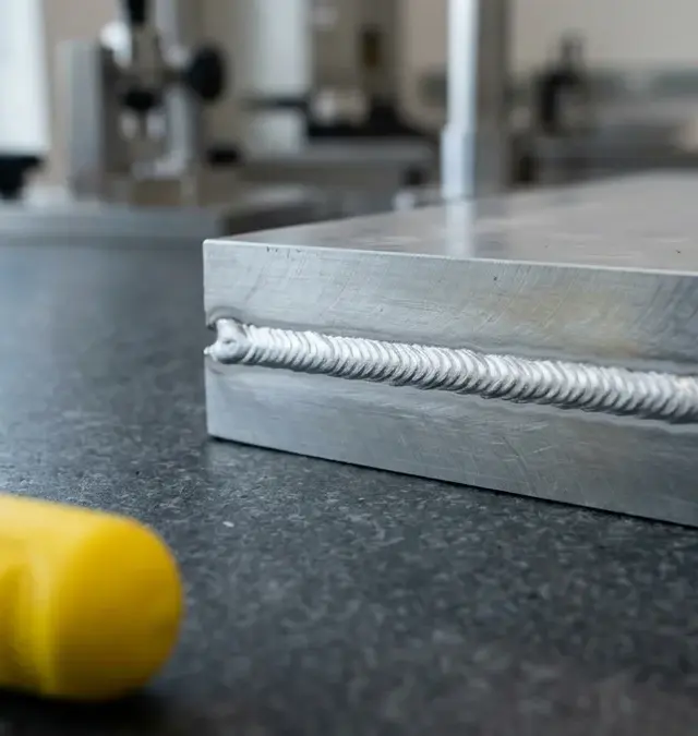 Makroaufnahme einer matten Aluminium-Laserschweißnaht auf Granittisch mit gelbem Haltegriff Makroaufnahme einer matten Aluminium-Laserschweißnaht auf Granittisch mit gelbem Haltegriff