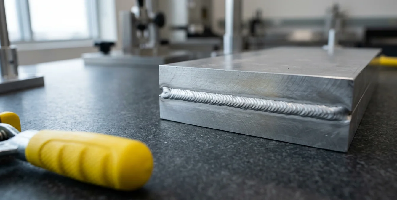 Makroaufnahme einer matten Aluminium-Laserschweißnaht auf Granittisch mit gelbem Haltegriff Makroaufnahme einer matten Aluminium-Laserschweißnaht auf Granittisch mit gelbem Haltegriff
