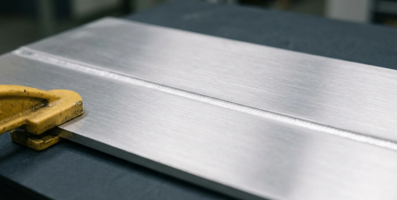 Makroaufnahme einer makellosen Aluminiumschweißnaht mit einheitlicher silberner Oberfläche Makroaufnahme einer makellosen Aluminiumschweißnaht mit einheitlicher silberner Oberfläche