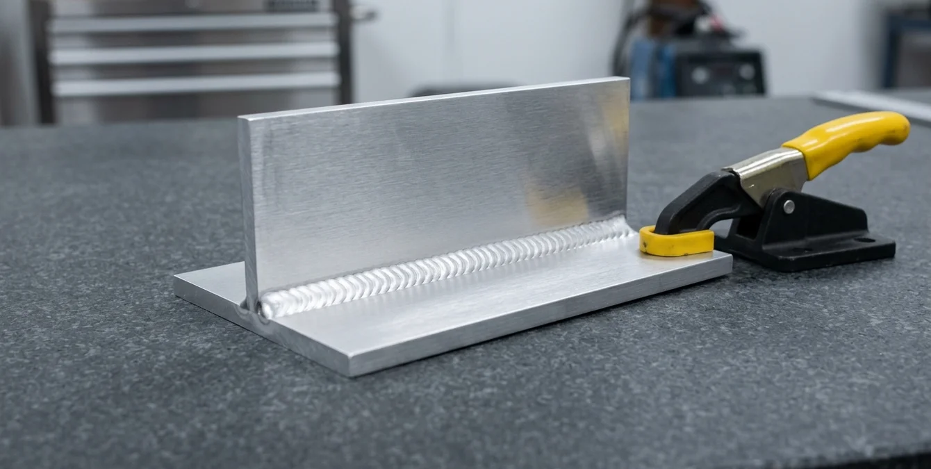 Polished aluminum weld test piece with flawless weld seam on granite inspection table with yellow fixture handle Polished aluminum weld test piece with flawless weld seam on granite inspection table with yellow fixture handle