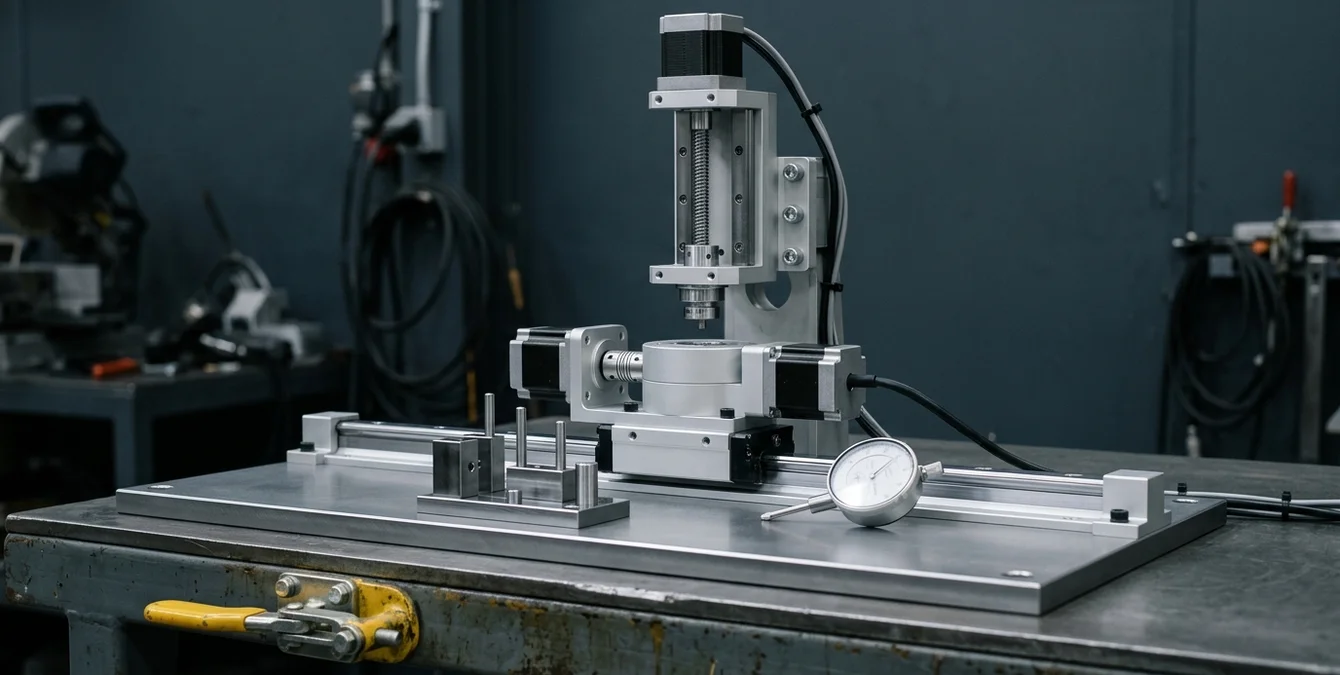 Close-up of linear slide module with attached rotary and Z-axis modules on an assembly bench with alignment tools and yellow fixture handle Close-up of linear slide module with attached rotary and Z-axis modules on an assembly bench with alignment tools and yellow fixture handle