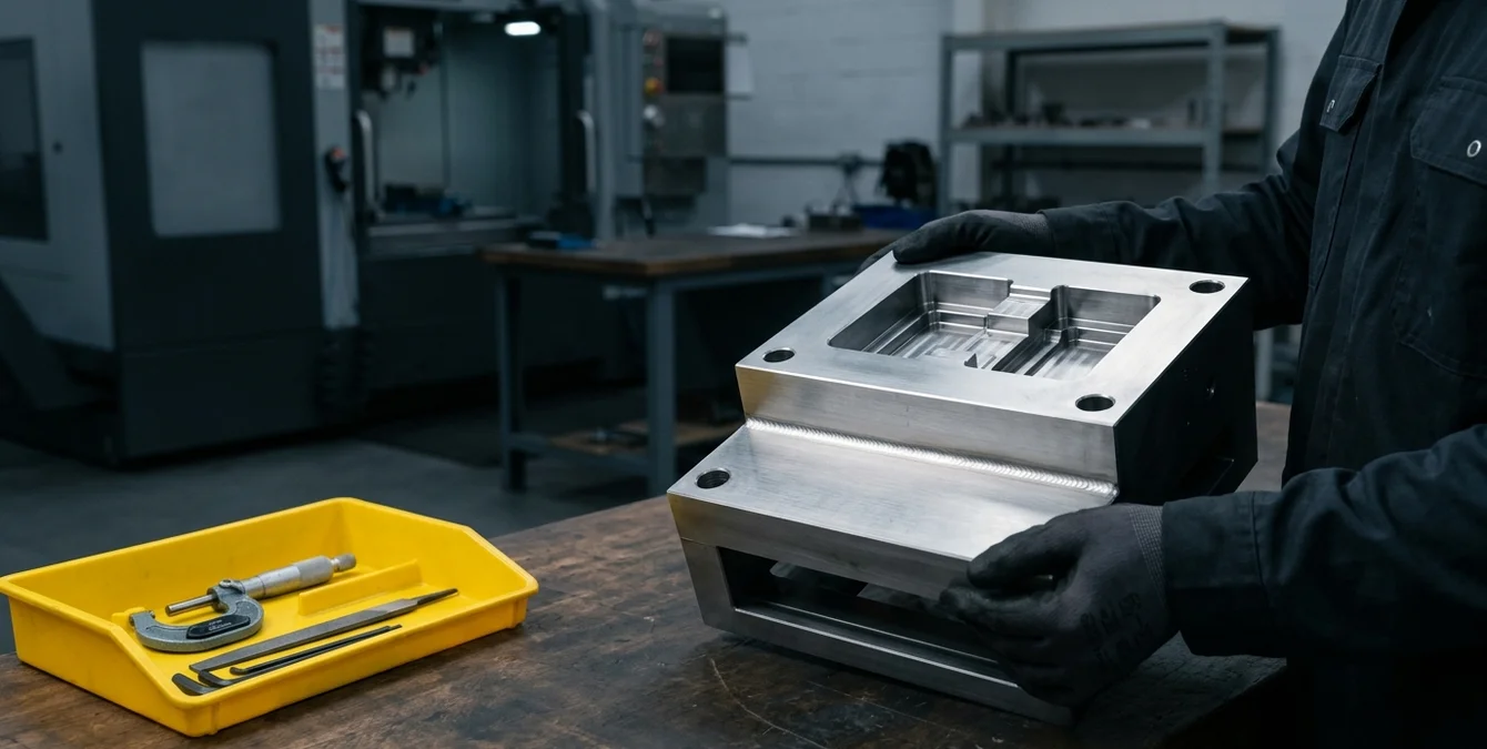 Operador em formação a manusear um molde de injeção com soldaduras laser impecáveis, numa oficina industrial escura com um tabuleiro amarelo em Operador em formação a manusear um molde de injeção com soldaduras laser impecáveis, numa oficina industrial escura com um tabuleiro amarelo em