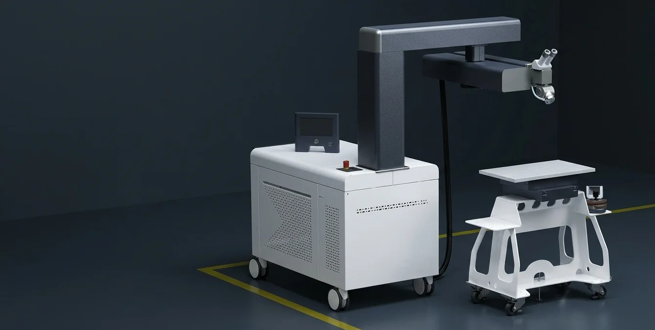 Máquina móvel de soldadura laser Sineo Light numa oficina limpa com linha amarela no chão Máquina móvel de soldadura laser Sineo Light numa oficina limpa com linha amarela no chão