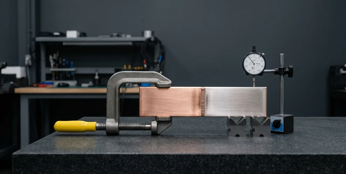Kupfer-Busbar auf Granittisch mit Messuhr und makelloser Schweißnaht in industrieller Prüfumgebung Kupfer-Busbar auf Granittisch mit Messuhr und makelloser Schweißnaht in industrieller Prüfumgebung