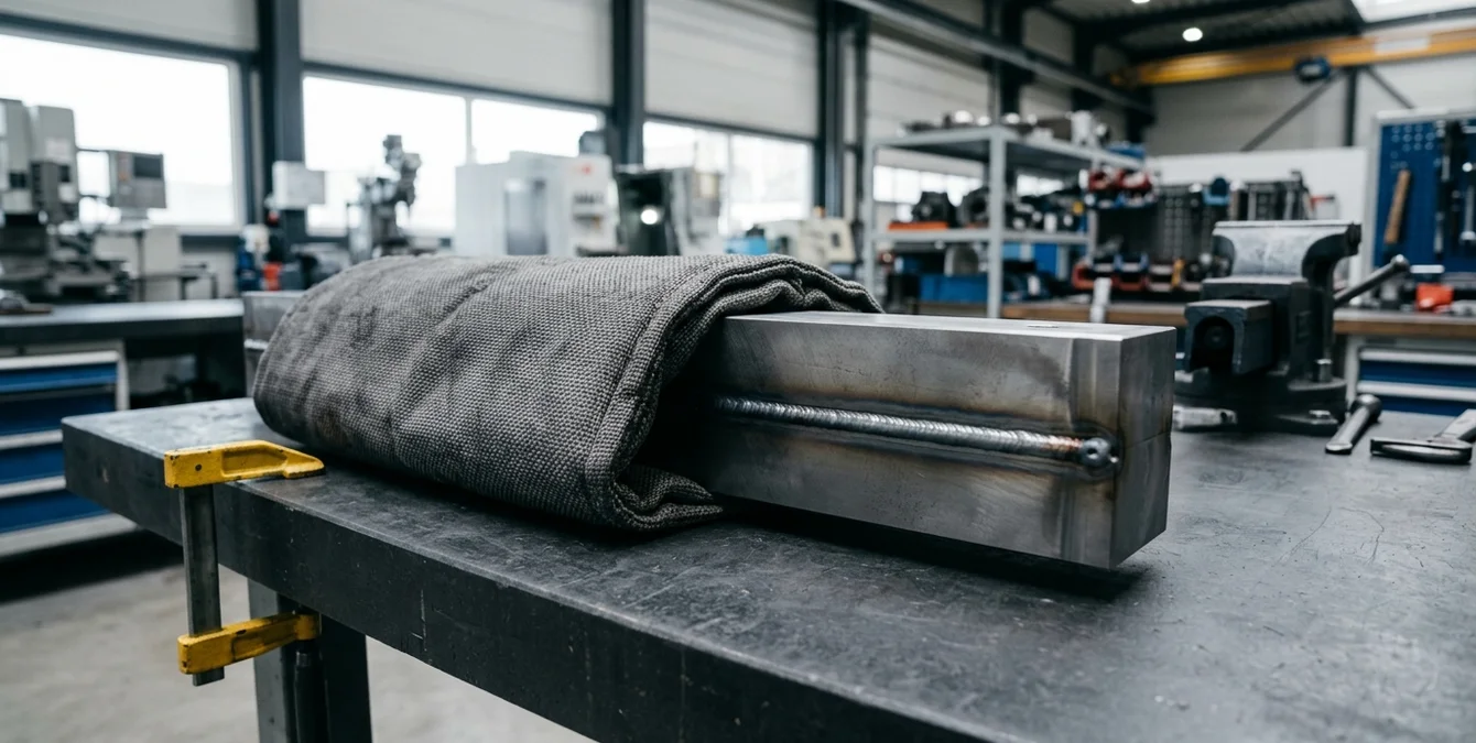High-carbon steel workpiece partially covered by insulating cooling blanket on a dark industrial workbench with yellow fixture handle High-carbon steel workpiece partially covered by insulating cooling blanket on a dark industrial workbench with yellow fixture handle