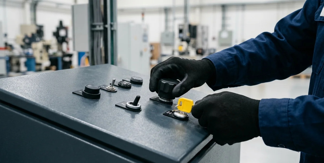 Operator hands holding control knob and yellow safety interlock key on industrial control panel during commissioning Operator hands holding control knob and yellow safety interlock key on industrial control panel during commissioning