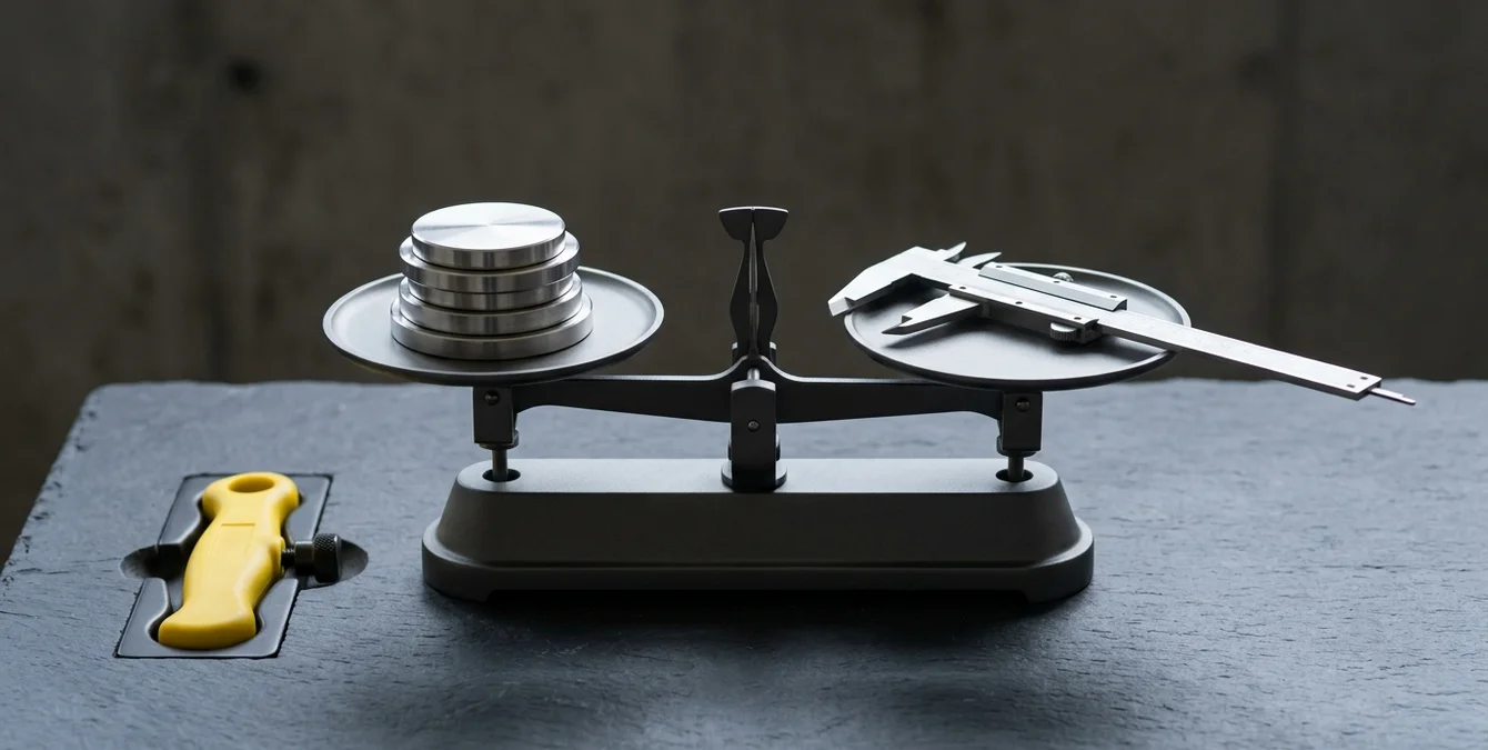 Conceptual still life of a balance scale with polished metal plates and calipers symbolizing precision and careful welding parameter management Conceptual still life of a balance scale with polished metal plates and calipers symbolizing precision and careful welding parameter management
