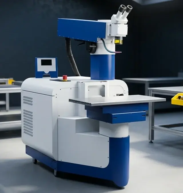 Máquina estacionária de soldadura laser de fibra de alta precisão num espaço de oficina industrial arrumado Máquina estacionária de soldadura laser de fibra de alta precisão num espaço de oficina industrial arrumado