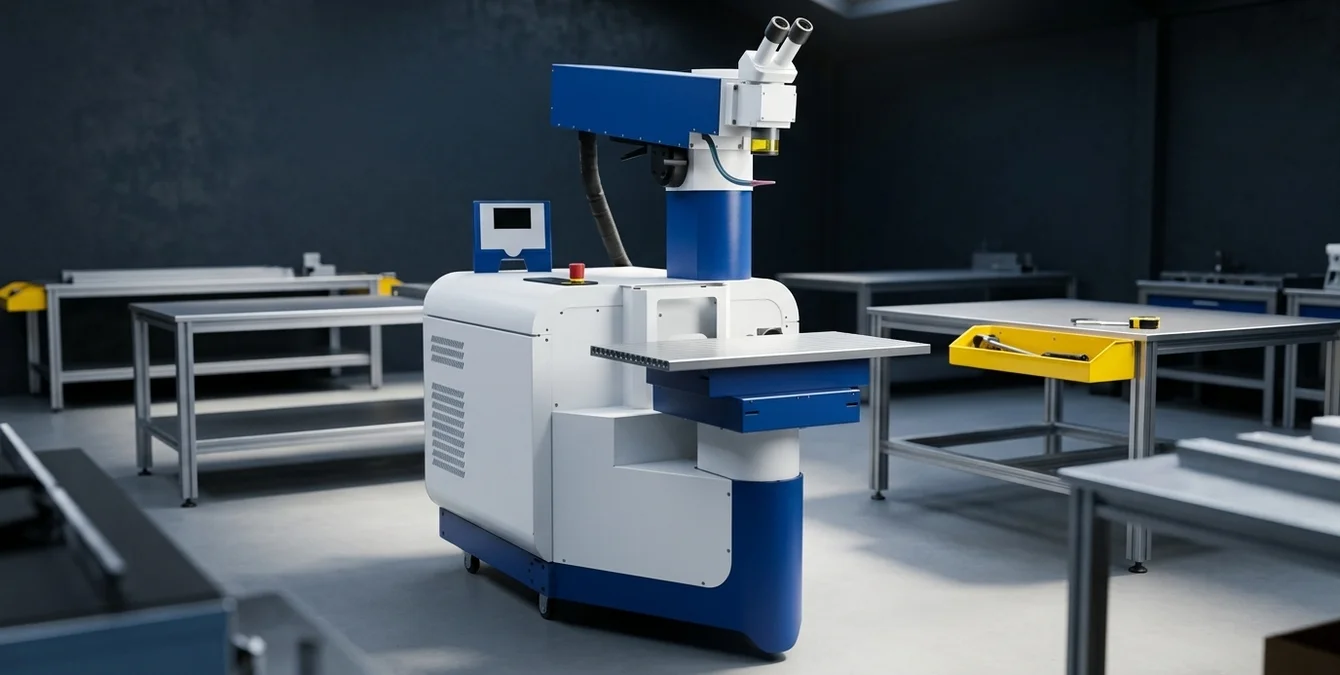 Máquina estacionária de soldadura laser de fibra de alta precisão num espaço de oficina industrial arrumado Máquina estacionária de soldadura laser de fibra de alta precisão num espaço de oficina industrial arrumado