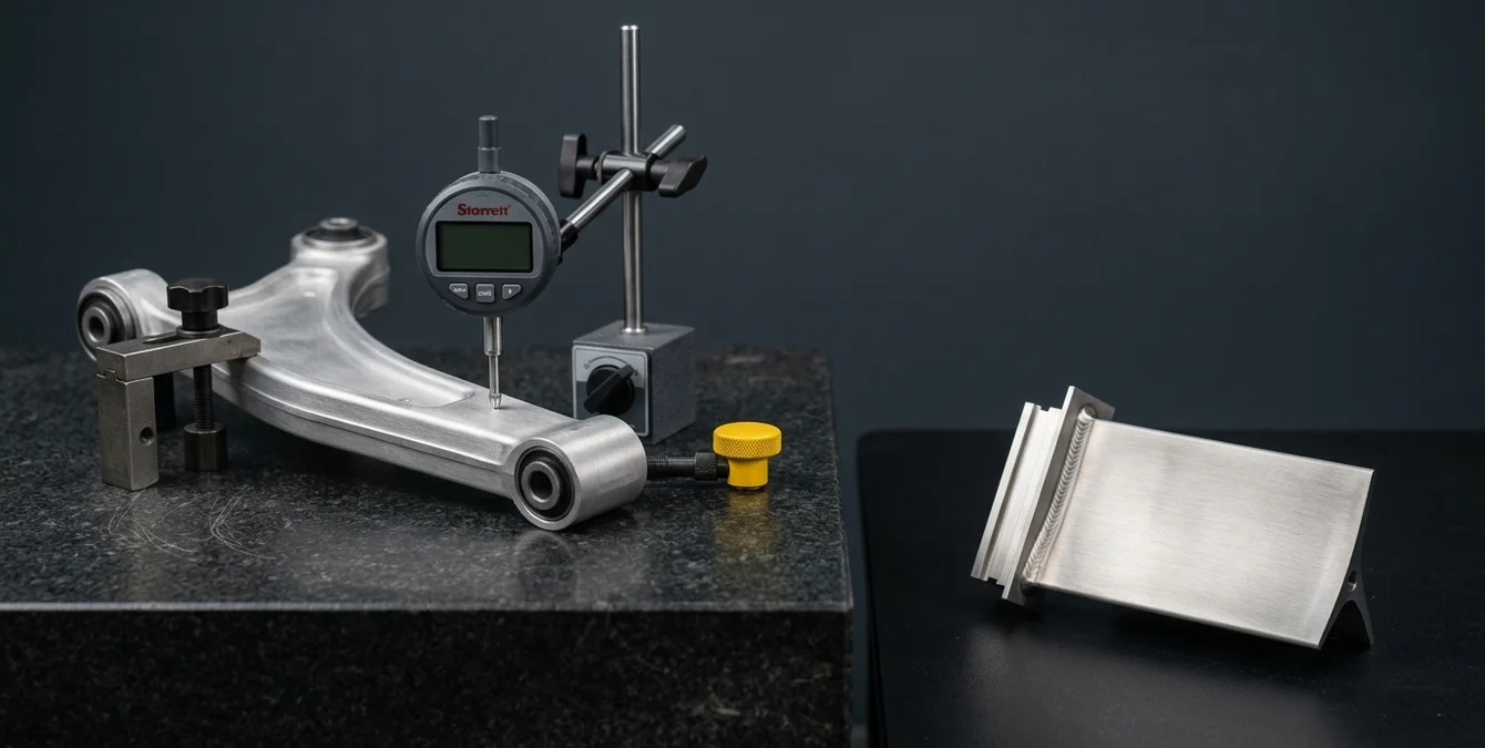 Polished automotive chassis part and turbine blade segment with immaculate laser welds on inspection tables, featuring a yellow fixture handle Polished automotive chassis part and turbine blade segment with immaculate laser welds on inspection tables, featuring a yellow fixture handle