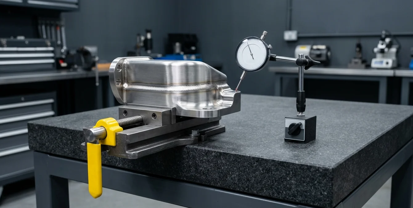 Plano de oficina industrial com peça de reparação polida em bancada de inspeção, medidor de relógio e detalhe amarelo de fixação, mostrando controlo Plano de oficina industrial com peça de reparação polida em bancada de inspeção, medidor de relógio e detalhe amarelo de fixação, mostrando controlo