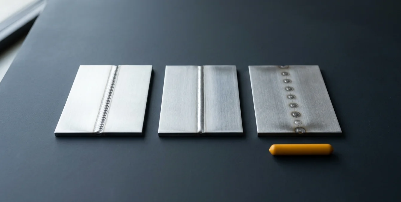 Symbolische Darstellung von drei Metallplatten mit unterschiedlichen Schweißnähten für Puls-, CW- und SPT-Modus Symbolische Darstellung von drei Metallplatten mit unterschiedlichen Schweißnähten für Puls-, CW- und SPT-Modus