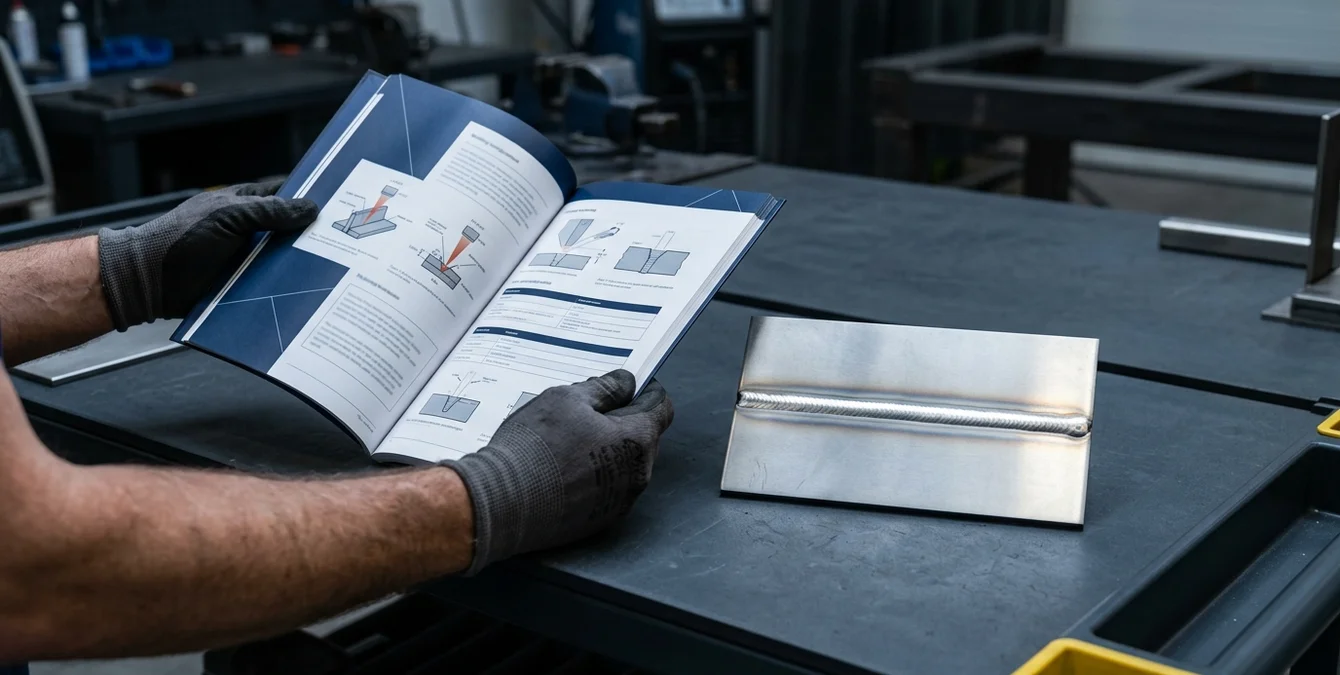 Hände eines Bedieners mit Schulungsunterlagen und polierter Metallprobe mit makelloser Laserschweißnaht auf dunklem Arbeitstisch Hände eines Bedieners mit Schulungsunterlagen und polierter Metallprobe mit makelloser Laserschweißnaht auf dunklem Arbeitstisch
