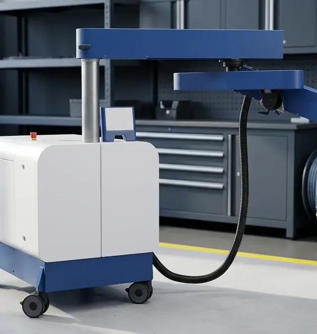 Máquina móvel Sirius Light a soldar um molde de injeção num ambiente industrial limpo Máquina móvel Sirius Light a soldar um molde de injeção num ambiente industrial limpo