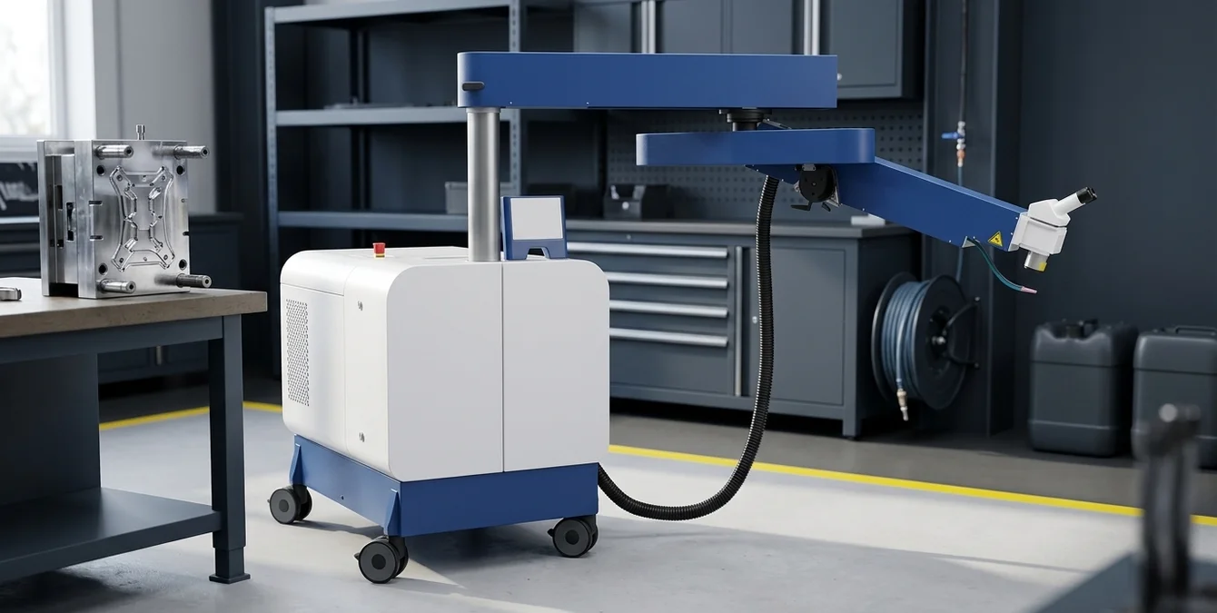 Máquina móvel Sirius Light a soldar um molde de injeção num ambiente industrial limpo Máquina móvel Sirius Light a soldar um molde de injeção num ambiente industrial limpo