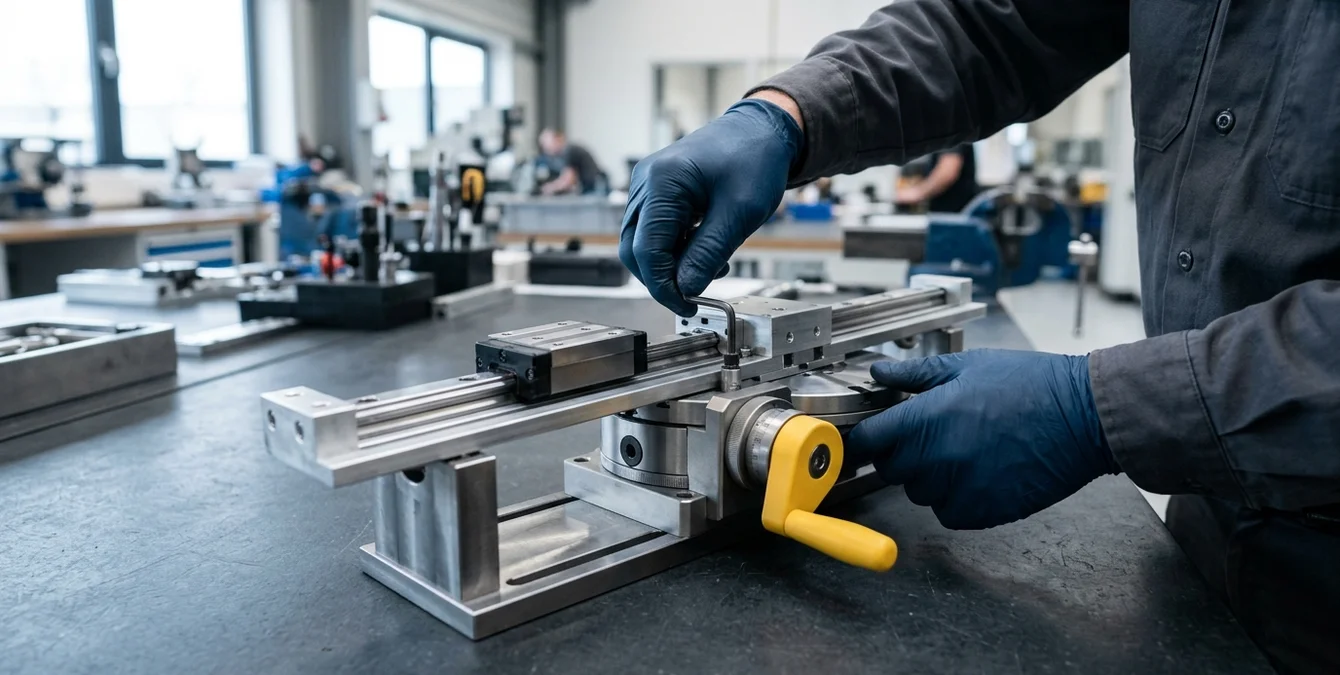 Bedienperson überprüft mechanische Module bei der Inbetriebnahme mit gelbem Bediengriff Bedienperson überprüft mechanische Module bei der Inbetriebnahme mit gelbem Bediengriff