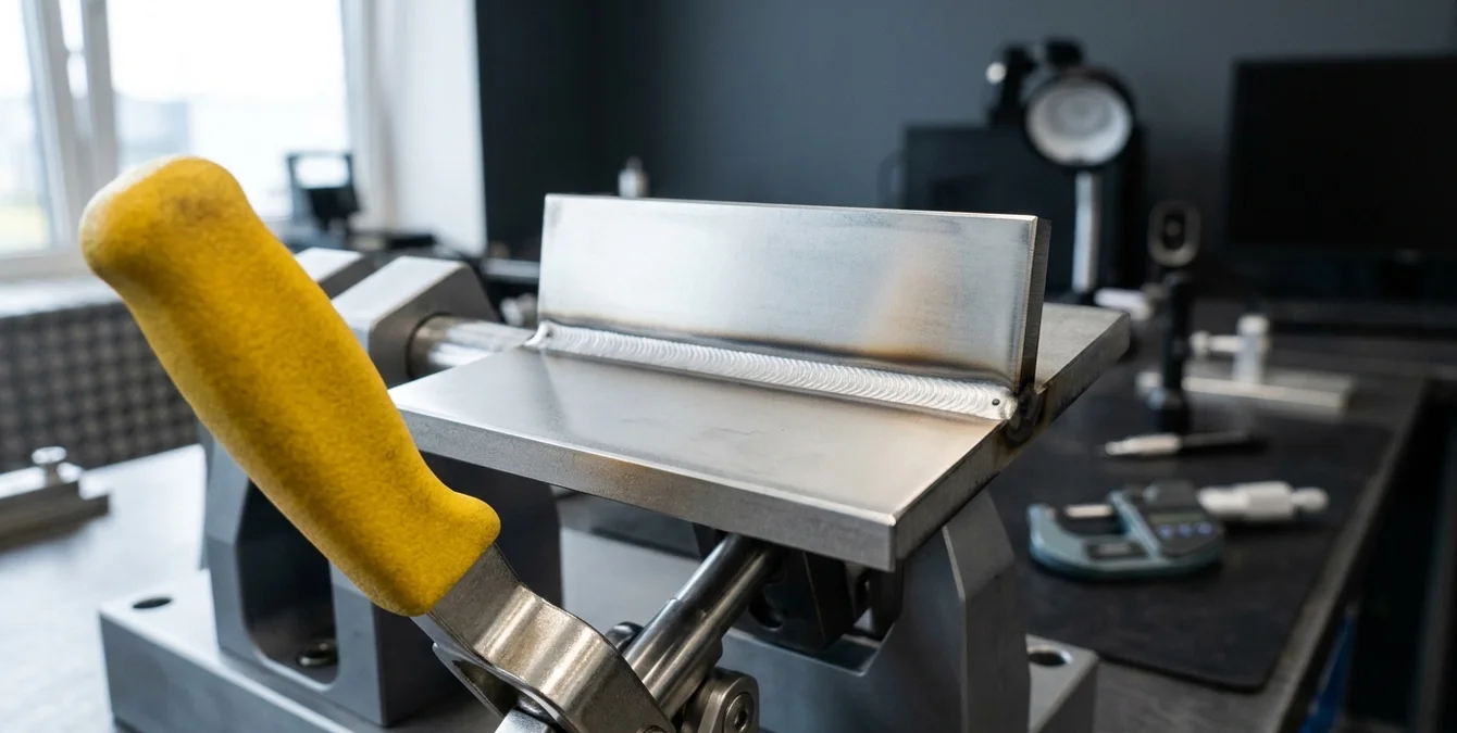Makroaufnahme einer sauberen, anlauffreien Edelstahlschweißnaht auf einer Metallprobe Makroaufnahme einer sauberen, anlauffreien Edelstahlschweißnaht auf einer Metallprobe