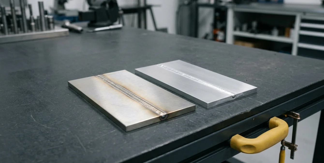Inspektionsszene mit Titan- und Aluminium-Schweißproben auf einem dunklen Tisch mit makellosen Schweißnähten Inspektionsszene mit Titan- und Aluminium-Schweißproben auf einem dunklen Tisch mit makellosen Schweißnähten