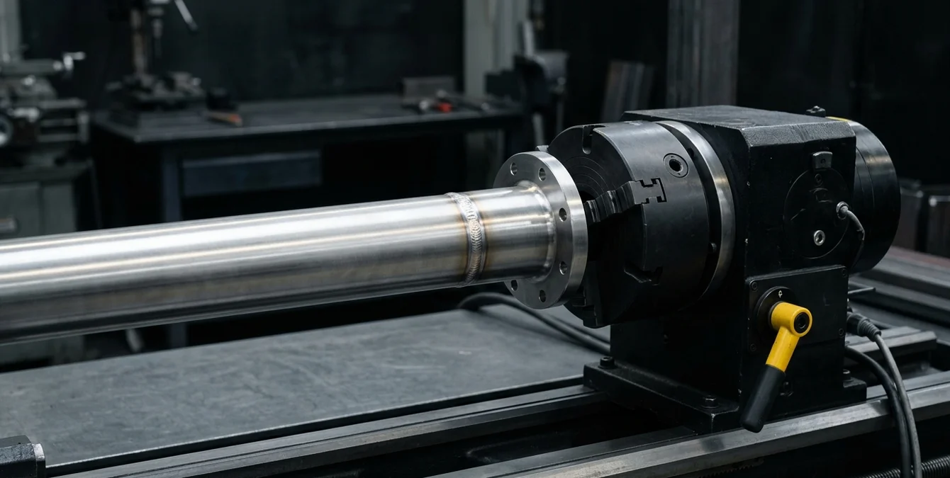 Polished metal shaft clamped on rotary device with uniform, flawless circumferential weld seam in dark workshop setting Polished metal shaft clamped on rotary device with uniform, flawless circumferential weld seam in dark workshop setting