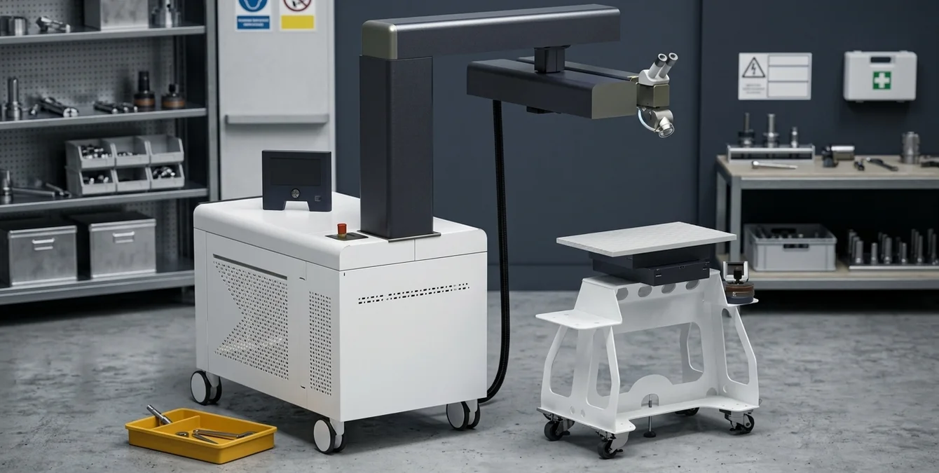 Sineo fibre mobile fiber laser welding system in a clean workshop with yellow tool tray Sineo fibre mobile fiber laser welding system in a clean workshop with yellow tool tray