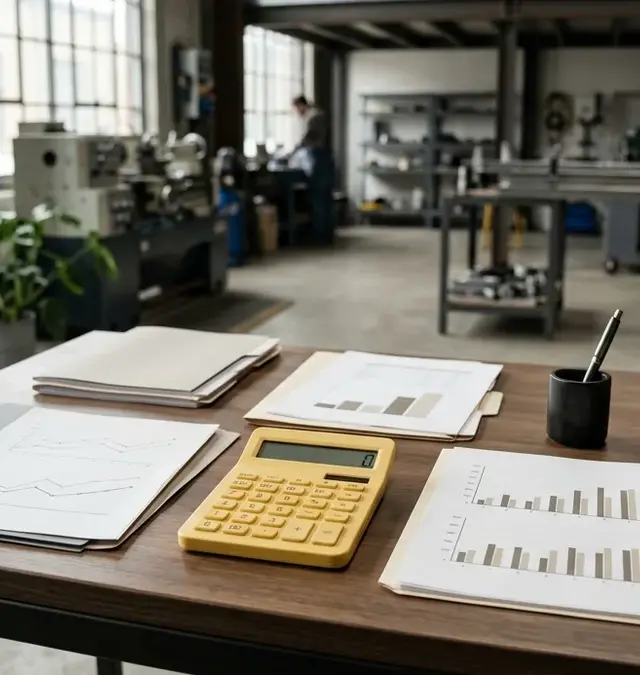 Calculadora amarela e documentos financeiros sobre uma secretária industrial limpa, com fundo desfocado de oficina moderna Calculadora amarela e documentos financeiros sobre uma secretária industrial limpa, com fundo desfocado de oficina moderna