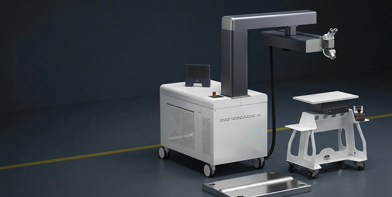 Mobil einsetzbares Nd:YAG-Laserschweißgerät Sineo Light in Werkstatt mit polierter Werkzeugstahlplatte und makelloser Schweißnaht Mobil einsetzbares Nd:YAG-Laserschweißgerät Sineo Light in Werkstatt mit polierter Werkzeugstahlplatte und makelloser Schweißnaht