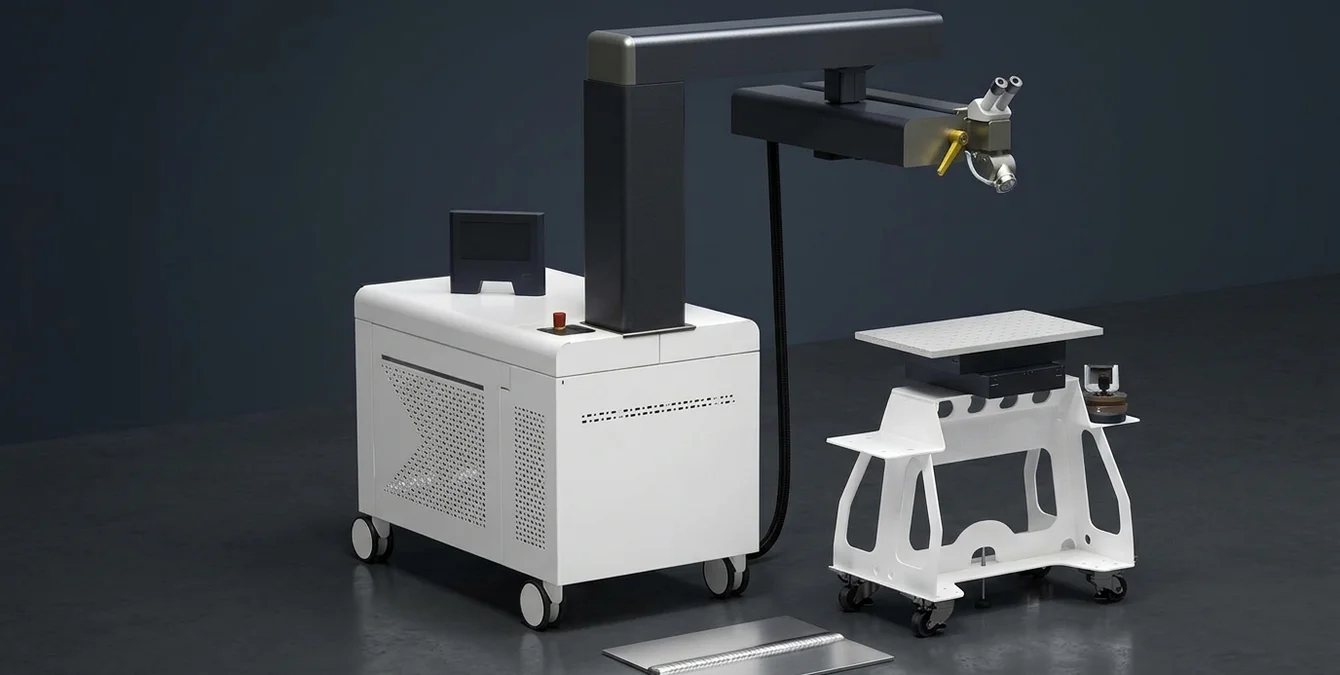 Mobile Faserlaserschweißanlage Sineo Fibre in dunklem Studio mit dünnem Titanblech und makelloser Schweißnaht Mobile Faserlaserschweißanlage Sineo Fibre in dunklem Studio mit dünnem Titanblech und makelloser Schweißnaht