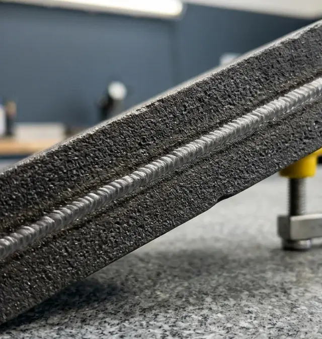 Makroaufnahme einer lasergeschweißten Gusseisenverbindung auf Granittisch Makroaufnahme einer lasergeschweißten Gusseisenverbindung auf Granittisch