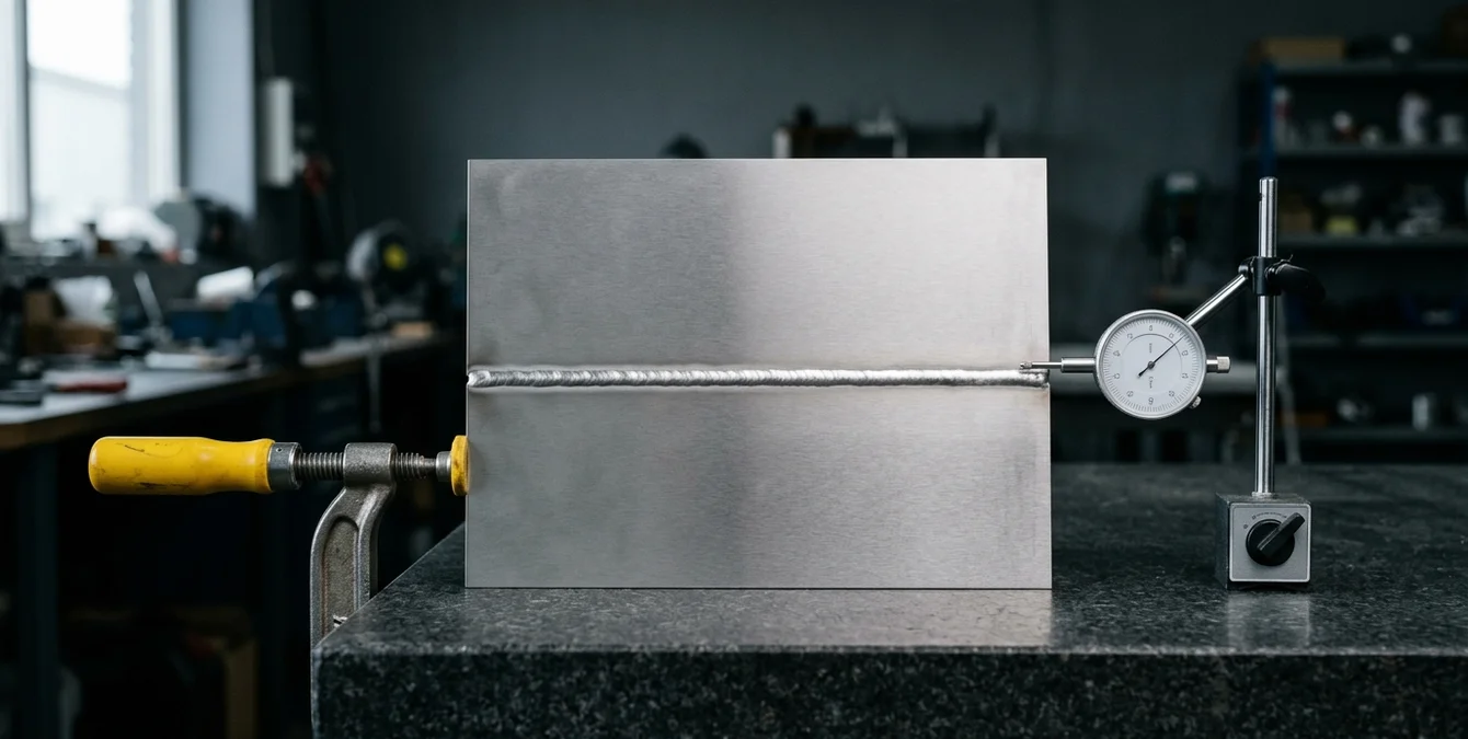 Thin stainless steel sheet clamped on granite table with immaculate laser weld seam and dial indicator in dark industrial setting Thin stainless steel sheet clamped on granite table with immaculate laser weld seam and dial indicator in dark industrial setting