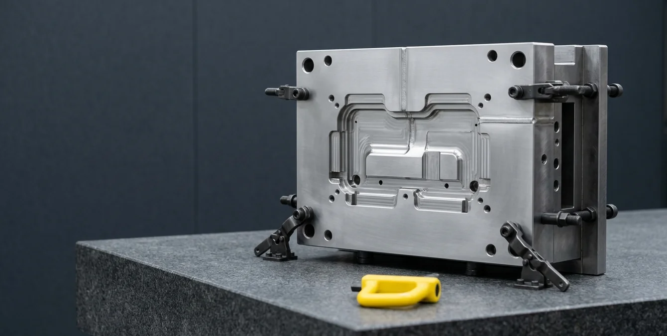 Polished die-casting die with immaculate laser-repaired weld seams clamped on granite table with yellow fixture handle Polished die-casting die with immaculate laser-repaired weld seams clamped on granite table with yellow fixture handle