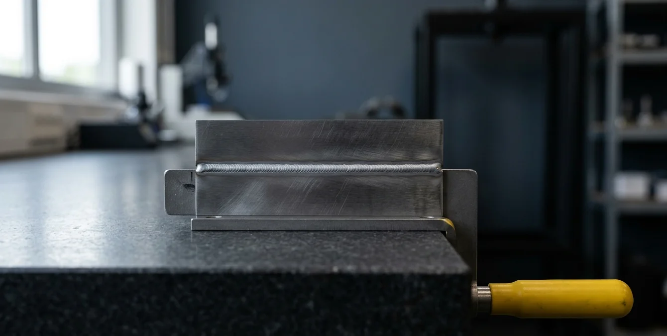 Matte laser weld seam on steel sample on granite table in industrial inspection room Matte laser weld seam on steel sample on granite table in industrial inspection room