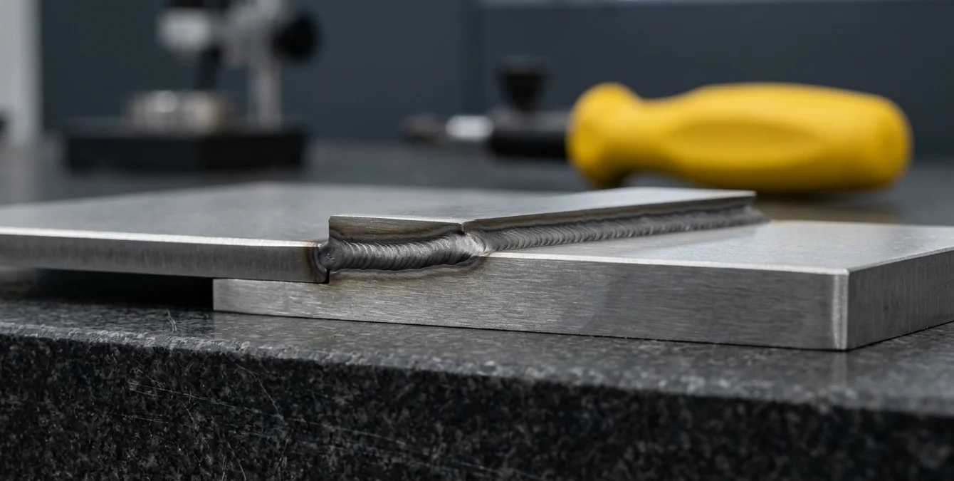 Macro close-up of a cold matte laser weld seam on metal with yellow fixture handle in clean inspection room Macro close-up of a cold matte laser weld seam on metal with yellow fixture handle in clean inspection room