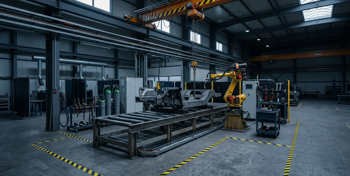 Industrial workshop scene showing multi-axis welding cell layout with roller table, overhead hoist, cable trays, and marked safety zones emphasizing ergonomic a Industrial workshop scene showing multi-axis welding cell layout with roller table, overhead hoist, cable trays, and marked safety zones emphasizing ergonomic a