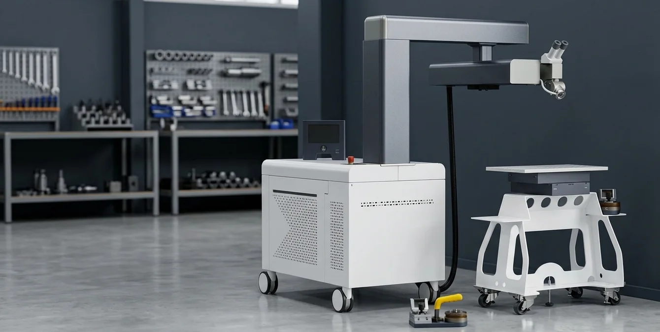 Mobile fibre laser welding machine in tidy workshop with precision tool fixture and yellow handle Mobile fibre laser welding machine in tidy workshop with precision tool fixture and yellow handle