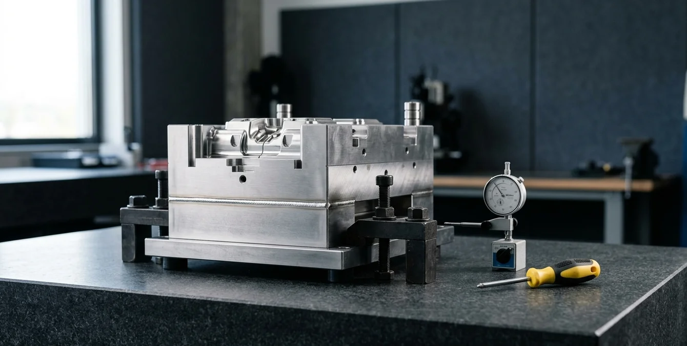 Molde de injeção polido preso numa mesa de granito com um indicador de relógio e uma pega amarela de fixação ao lado, mostrando uma soldadura laser Molde de injeção polido preso numa mesa de granito com um indicador de relógio e uma pega amarela de fixação ao lado, mostrando uma soldadura laser