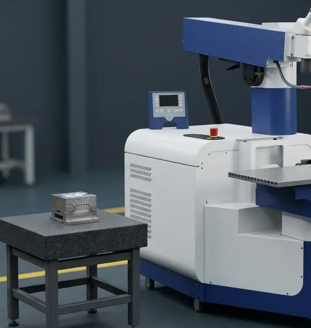 Stationary Nd:YAG laser welding machine in an inspection room with a cracked metal mold component in the foreground Stationary Nd:YAG laser welding machine in an inspection room with a cracked metal mold component in the foreground