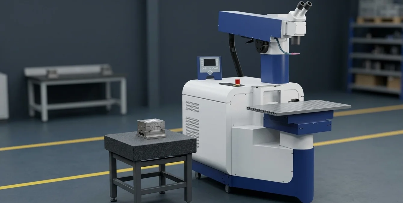 Stationary Nd:YAG laser welding machine in an inspection room with a cracked metal mold component in the foreground Stationary Nd:YAG laser welding machine in an inspection room with a cracked metal mold component in the foreground