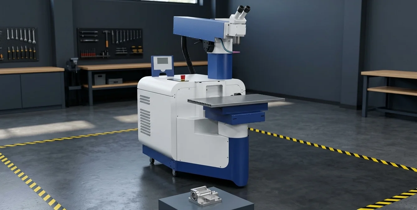 Stationary high-precision fibre laser welding system in tidy workshop with aerospace component and yellow floor lines Stationary high-precision fibre laser welding system in tidy workshop with aerospace component and yellow floor lines