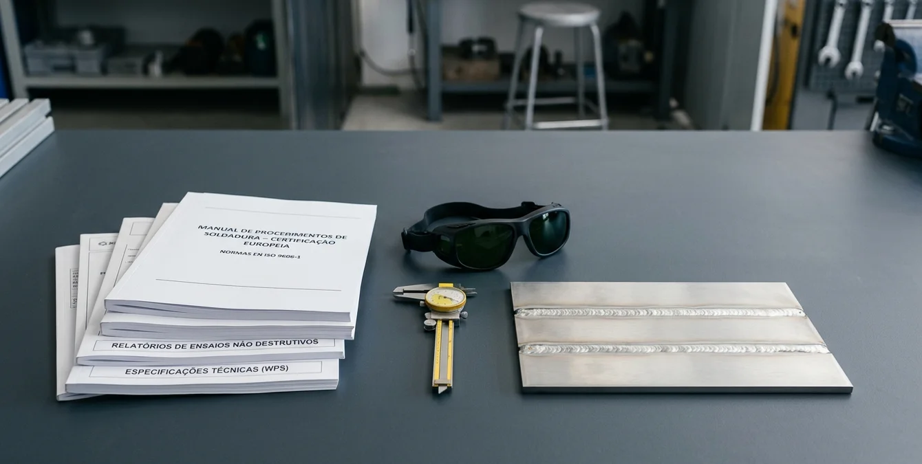 Documentos técnicos organizados numa bancada industrial escura com uma placa de aço soldada com qualidade imaculada Documentos técnicos organizados numa bancada industrial escura com uma placa de aço soldada com qualidade imaculada