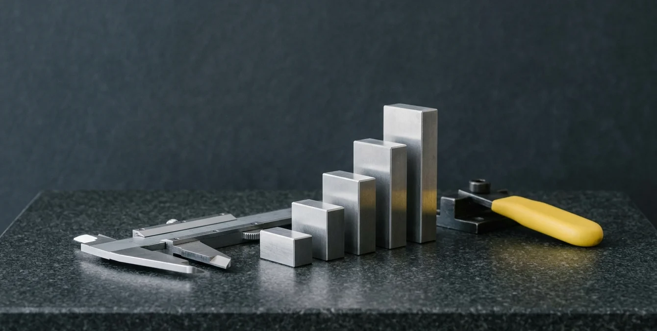 Precision engineering still life with caliper, gauge blocks, and yellow fixture handle symbolizing zero-point chain setup Precision engineering still life with caliper, gauge blocks, and yellow fixture handle symbolizing zero-point chain setup