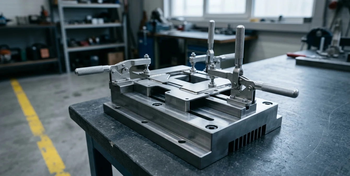 Thin metal parts clamped on a high-thermal-conductivity fixture with immaculate weld zones and a yellow floor marking line in a premium industrial setting. Thin metal parts clamped on a high-thermal-conductivity fixture with immaculate weld zones and a yellow floor marking line in a premium industrial setting.
