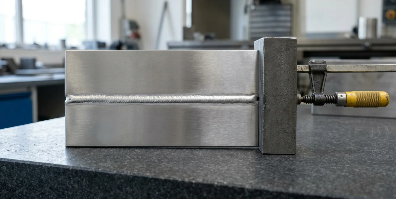 Polierte Metallplatte mit makelloser Schweißnaht und festgeklemmt kühlendem Metallblock als Wärmesenke Polierte Metallplatte mit makelloser Schweißnaht und festgeklemmt kühlendem Metallblock als Wärmesenke