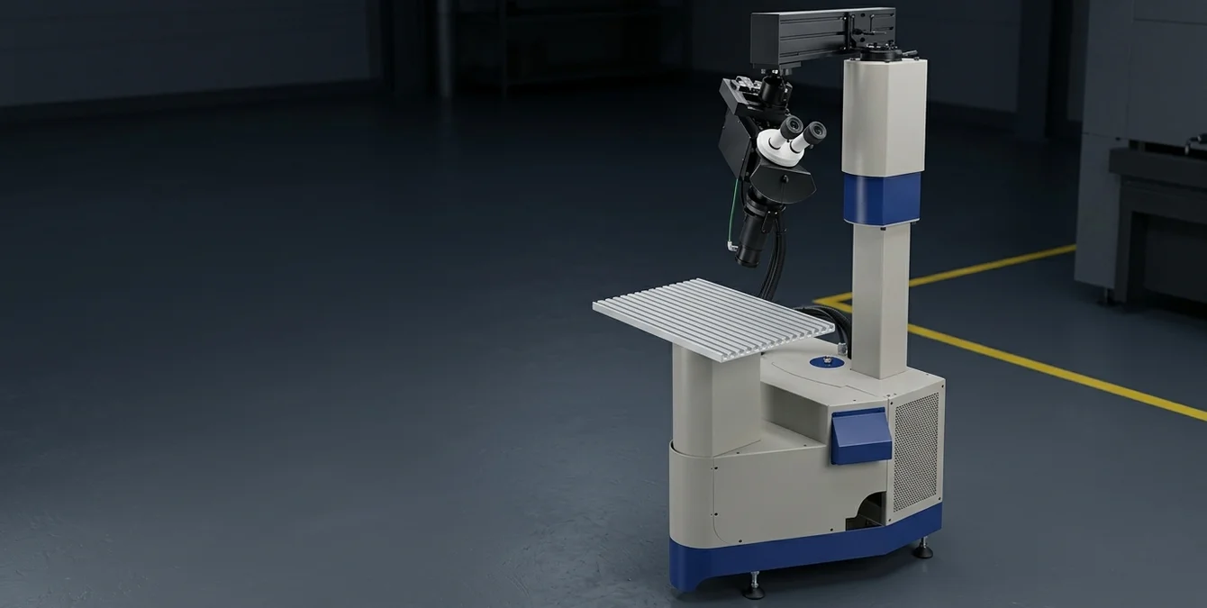 Kompaktes Siega Fibre Faserlasersystem in dunkler Industriehalle mit gelber Bodenmarkierung Kompaktes Siega Fibre Faserlasersystem in dunkler Industriehalle mit gelber Bodenmarkierung