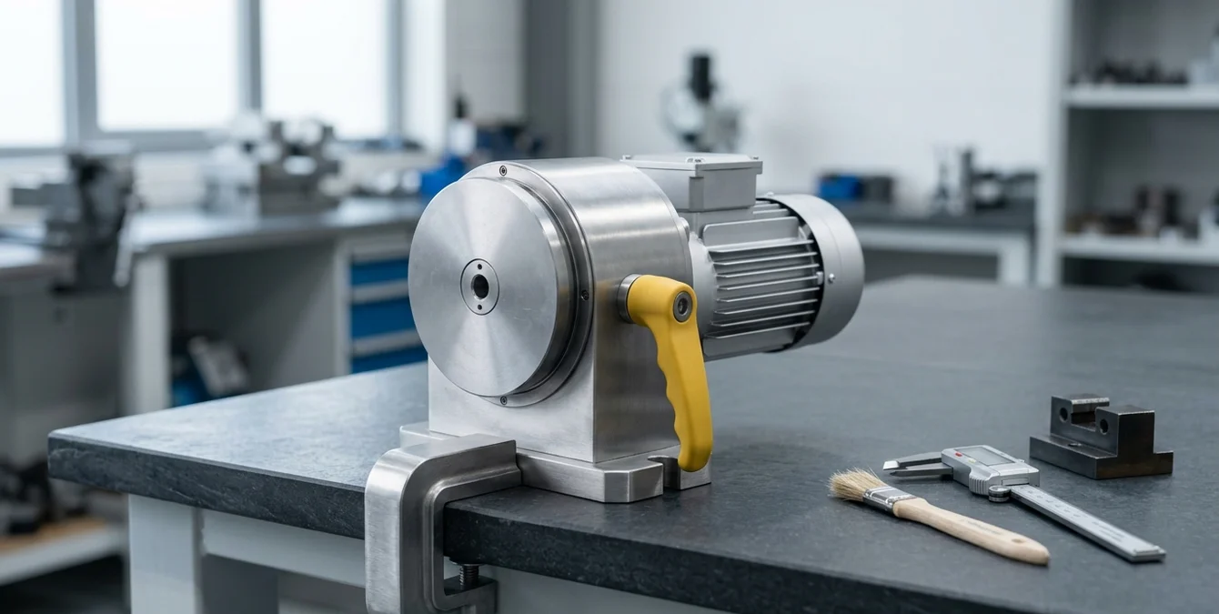 Motor-driven rotary device on workbench with inspection tools and yellow fixture handle under soft studio lighting Motor-driven rotary device on workbench with inspection tools and yellow fixture handle under soft studio lighting